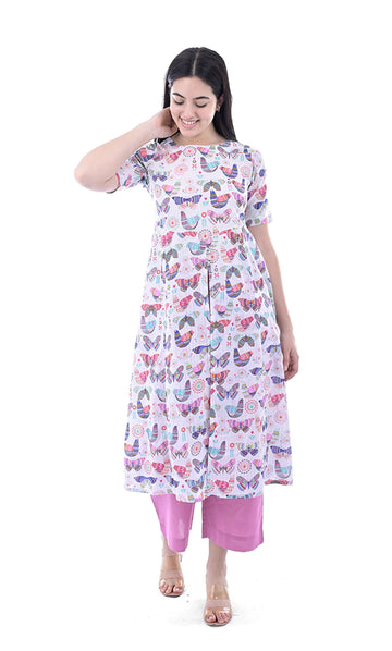 Butterfly Print Kurta With Pink Palazzo For Women & Girls — Perfect Blend of Comfort & Style