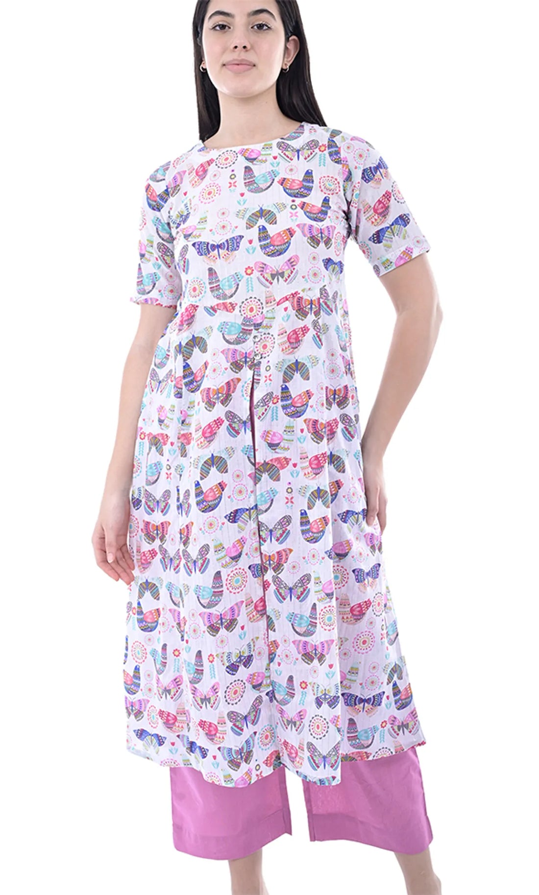Butterfly Print Kurta With Pink Palazzo For Women & Girls — Perfect Blend of Comfort & Style