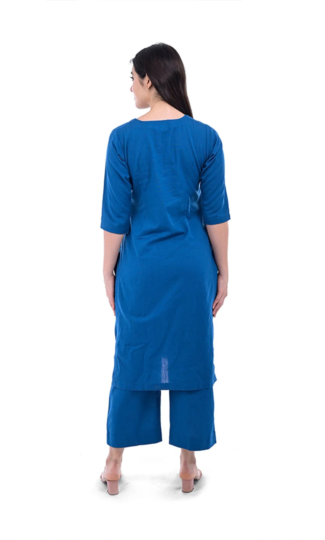 Blue Solid Khadi Cotton A-Line Kurta and Pant Set For Women & Girls