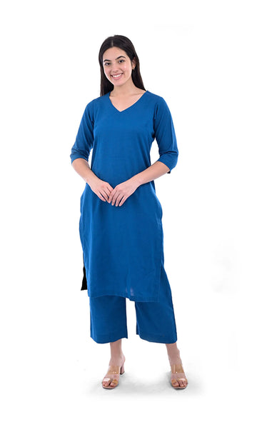Blue Solid Khadi Cotton A-Line Kurta and Pant Set For Women & Girls