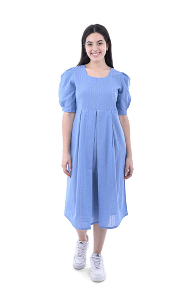 Chambray Blue Stripes Handloom Cotton Fit & Flare Dress For Women & Girls