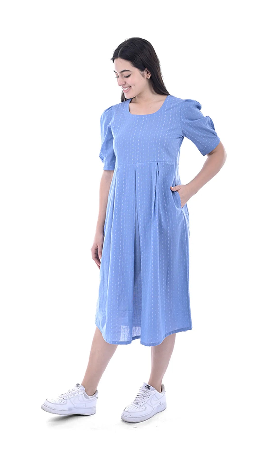 Chambray Blue Stripes Handloom Cotton Fit & Flare Dress For Women & Girls