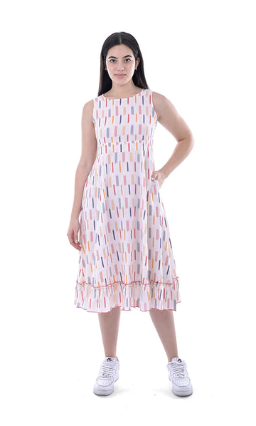 White Cotton Ikat A-Line Midi Dress For Women