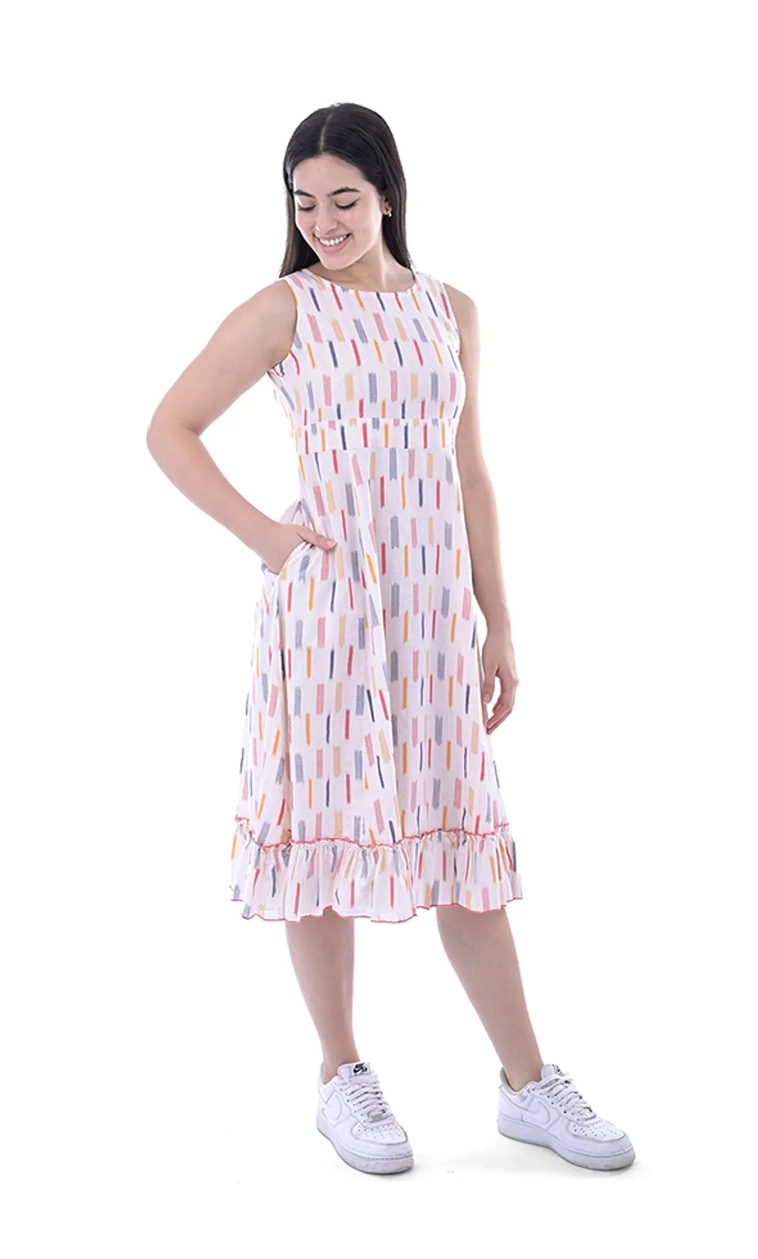 White Cotton Ikat A-Line Midi Dress For Women