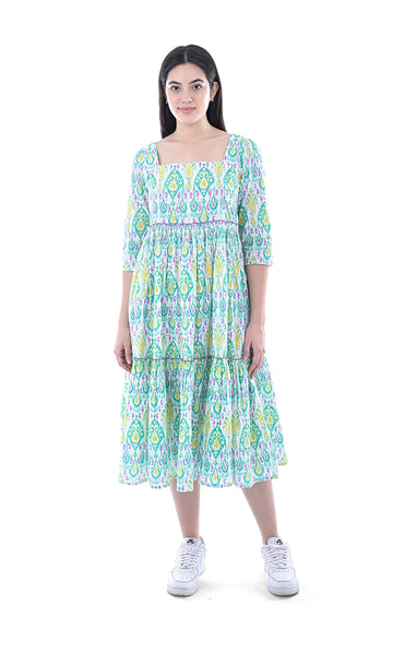 Green Ikat Printed Pure Cotton A-Line Midi Dress For Women & Girls