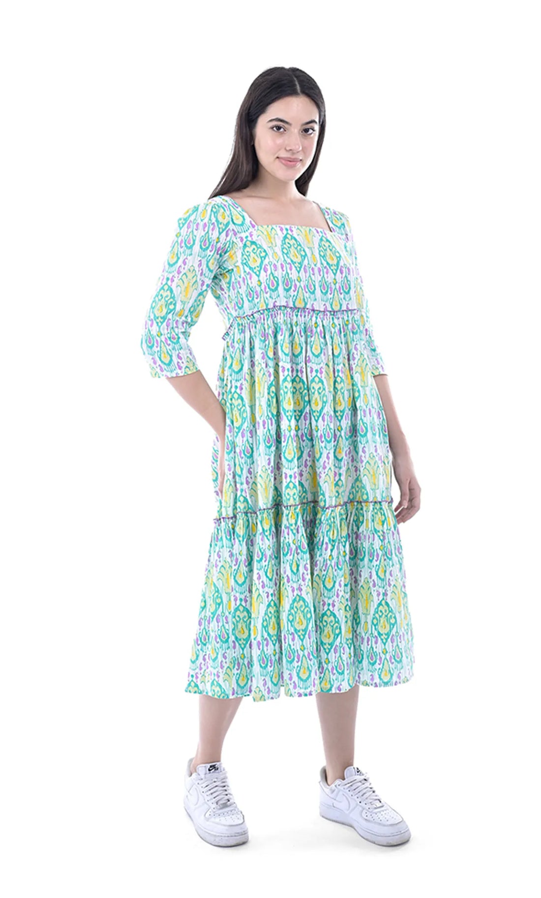 Green Ikat Printed Pure Cotton A-Line Midi Dress For Women & Girls