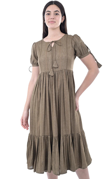 Brown Stripes Viscose Fit & Flared Dress For Women & Girls