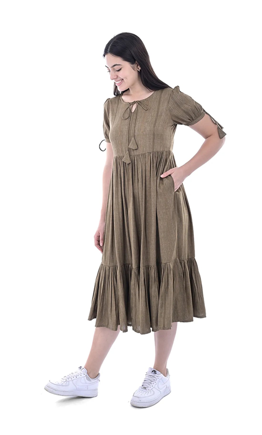 Brown Stripes Viscose Fit & Flared Dress For Women & Girls