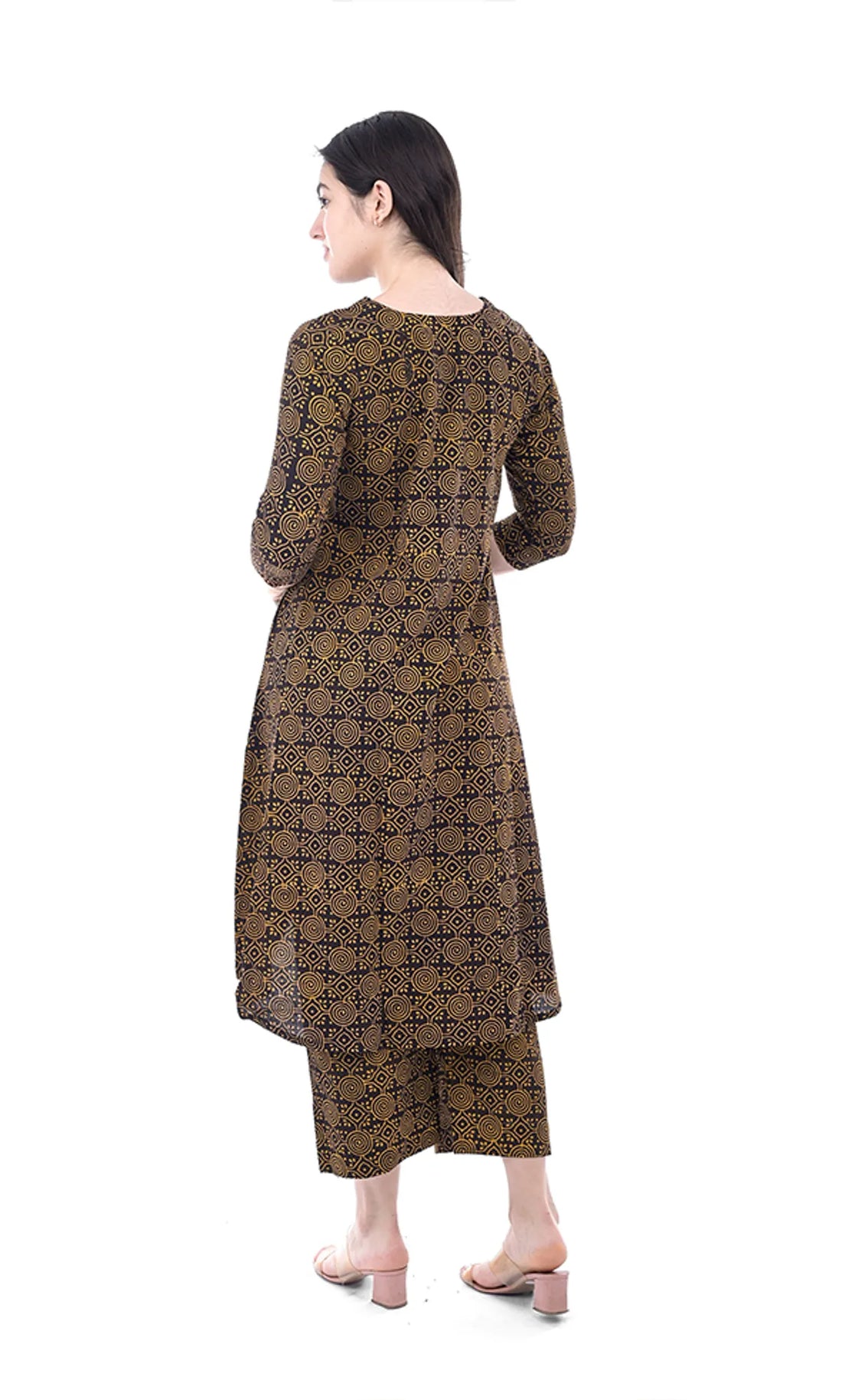Brown Abstract Print Pure Hand Block Cotton A-Line Kurta Pant Set For Women & Girls