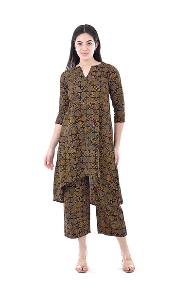Brown Abstract Print Pure Hand Block Cotton A-Line Kurta Pant Set For Women & Girls