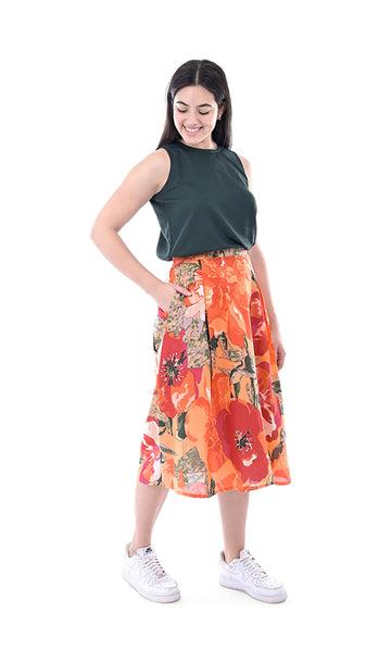 Orange & Dark Green Floral Printed Viscose Crop Top