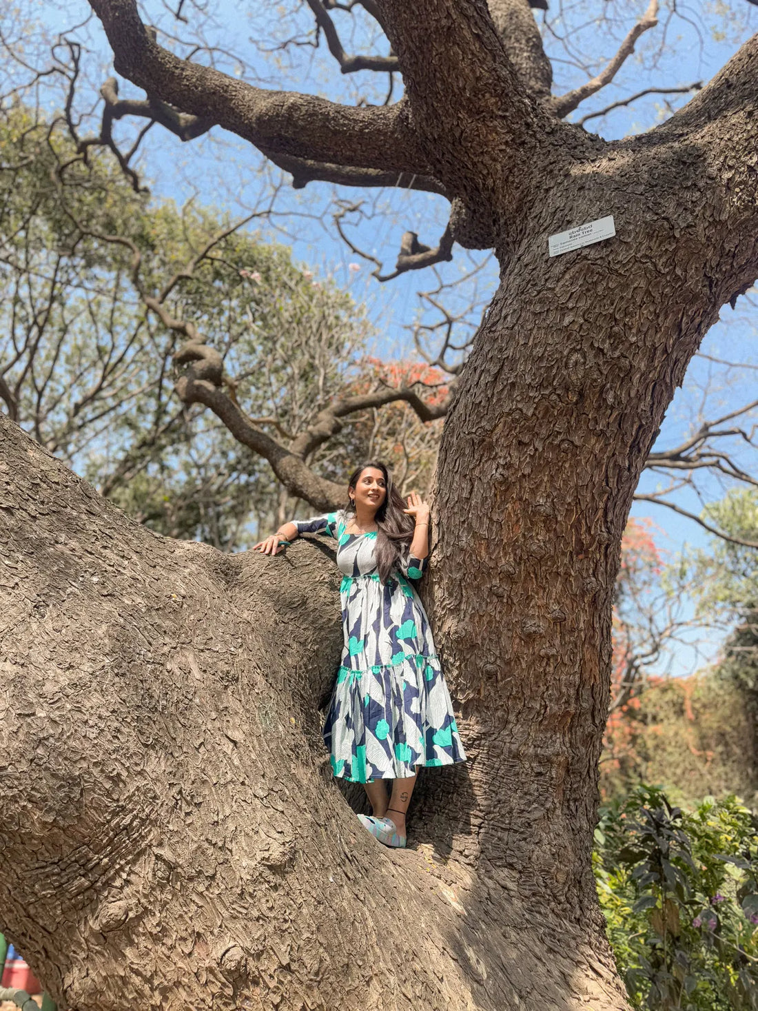 Blue Abstract Print Pure Cotton A-Line Midi Dress For Women & Girls