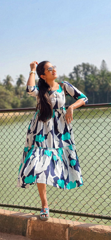 Blue Abstract Print Pure Cotton A-Line Midi Dress For Women & Girls