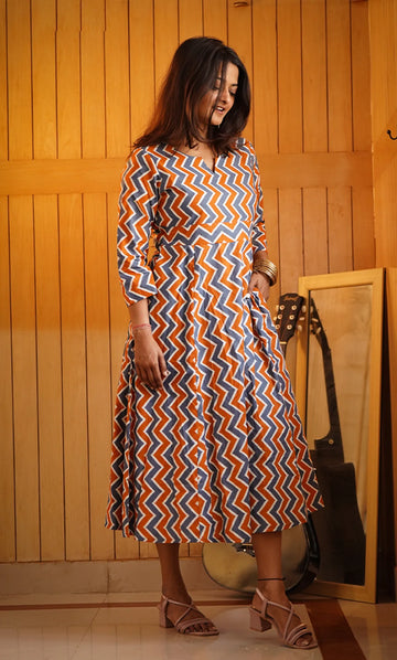 Orange Zig‑Zag Printed Dress For Women — Perfect Blend Of Comfort & Style
