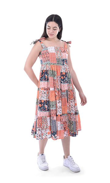 Multicolor Patch Work Print Pure Cotton Fit & Flare Dress For Women & Girls
