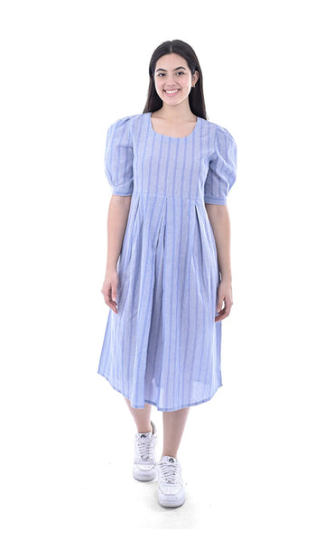 Chrambray Light Blue Stripes Handloom Cotton Fit & Flare Dress For Women & Girls