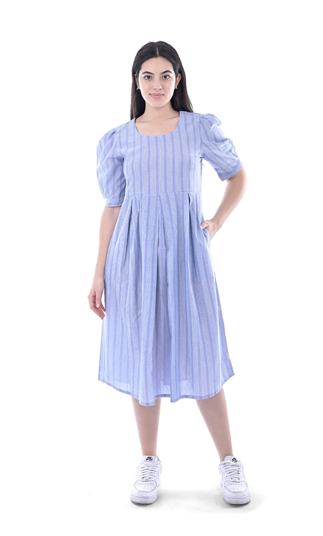 Chrambray Light Blue Stripes Handloom Cotton Fit & Flare Dress For Women & Girls