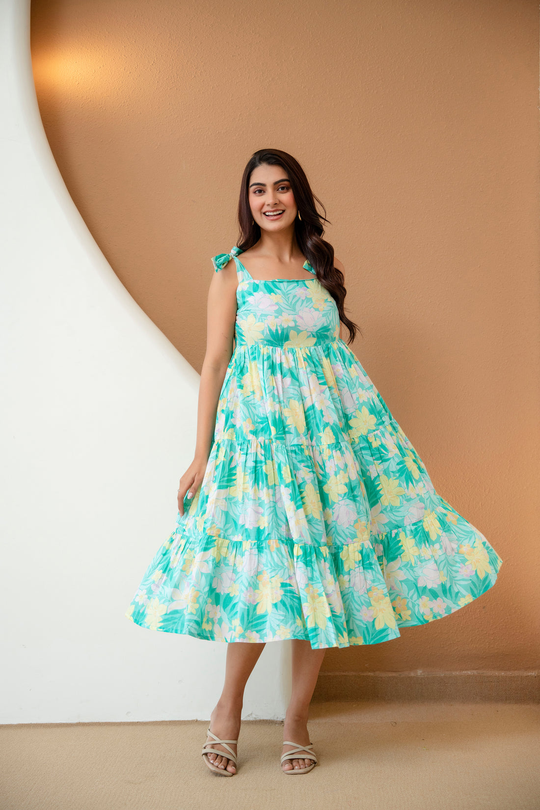 Green Fit and Flare Dress For Women — Floral Printed Pure Cotton
