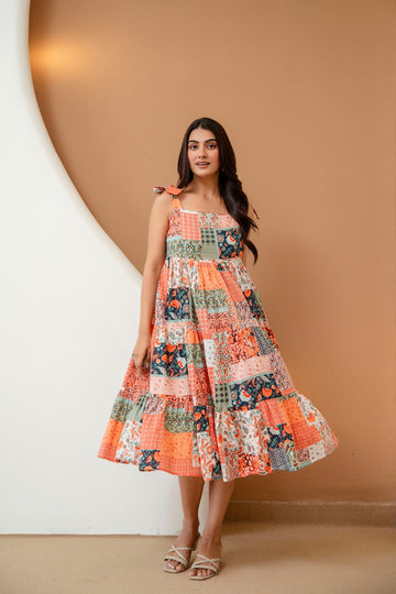 Multicolor Patch Work Print Pure Cotton Fit & Flare Dress For Women & Girls