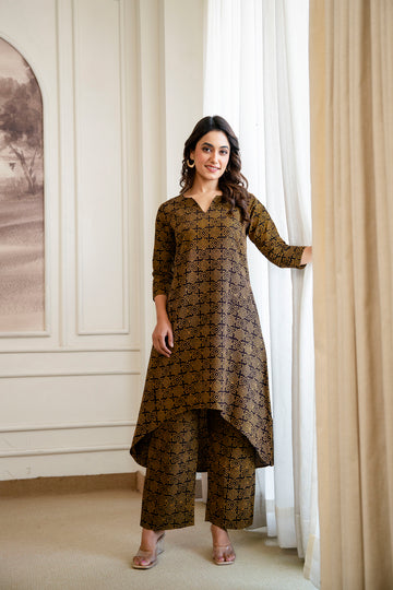 Brown Abstract Print Pure Hand Block Cotton A-Line Kurta Pant Set For Women & Girls