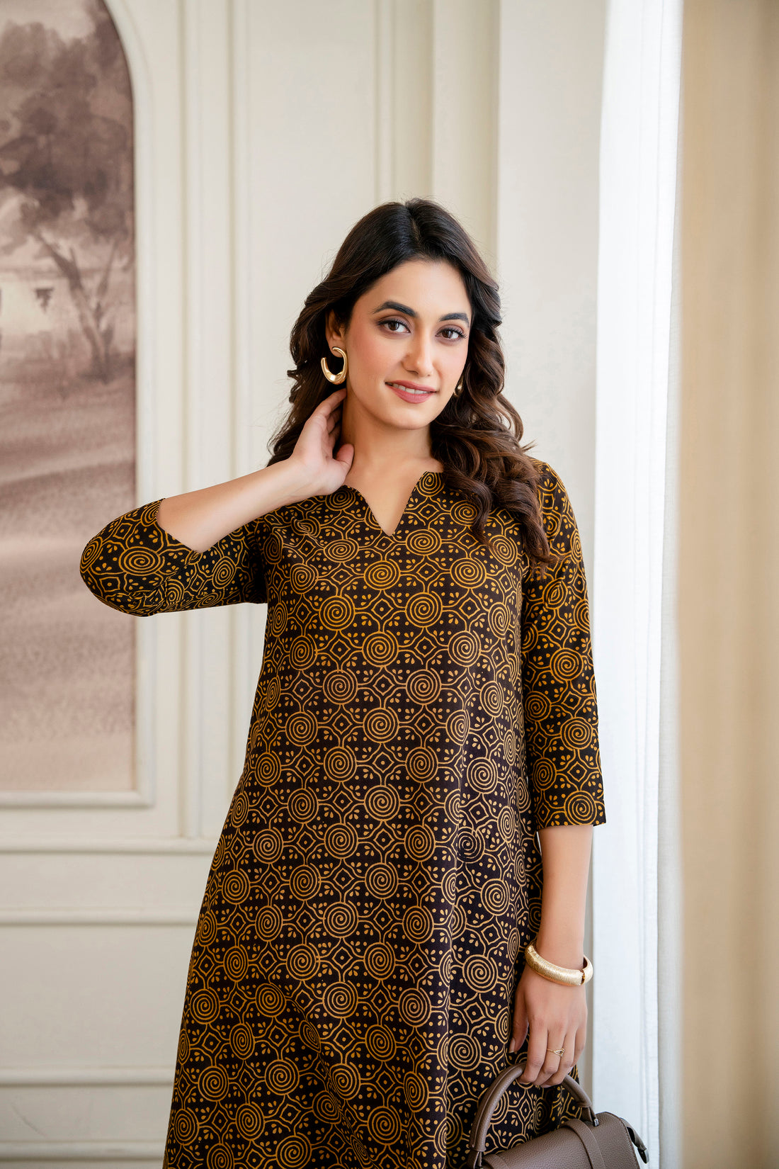Brown Abstract Print Pure Hand Block Cotton A-Line Kurta Pant Set For Women & Girls