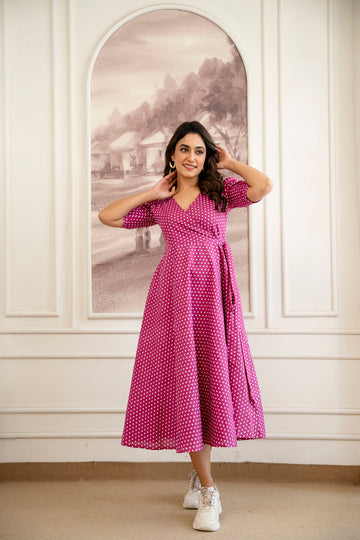 Pink Fit & Flare Dress For Women — Polka Dot Pure Cotton