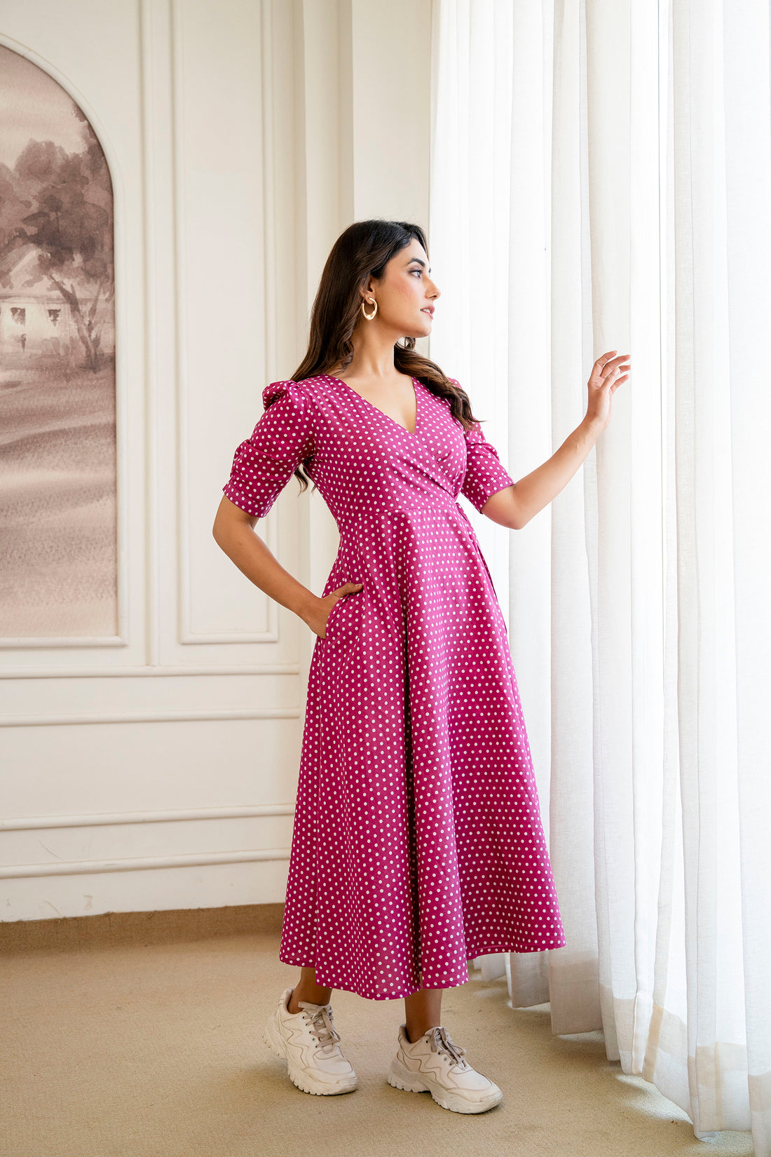 Pink Fit & Flare Dress For Women — Polka Dot Pure Cotton