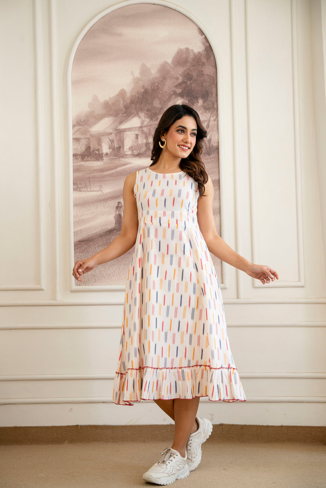 White Cotton Ikat A-Line Midi Dress For Women