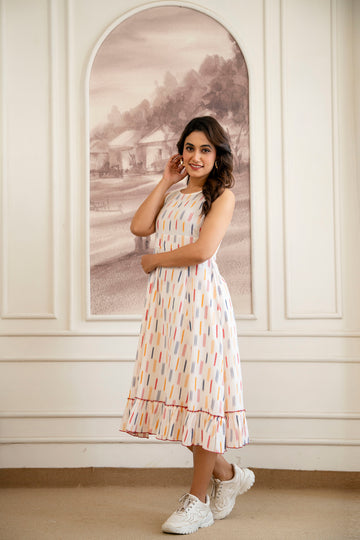 White Cotton Ikat A-Line Midi Dress For Women