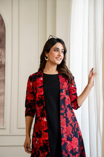 Black Floral Printed Pure Cotton A-Line Kurta For Women & Girls