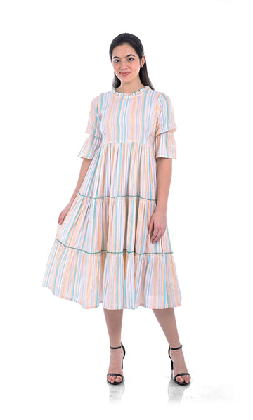 White Stripes Viscose Fit & Flared Dress For Women & Girls