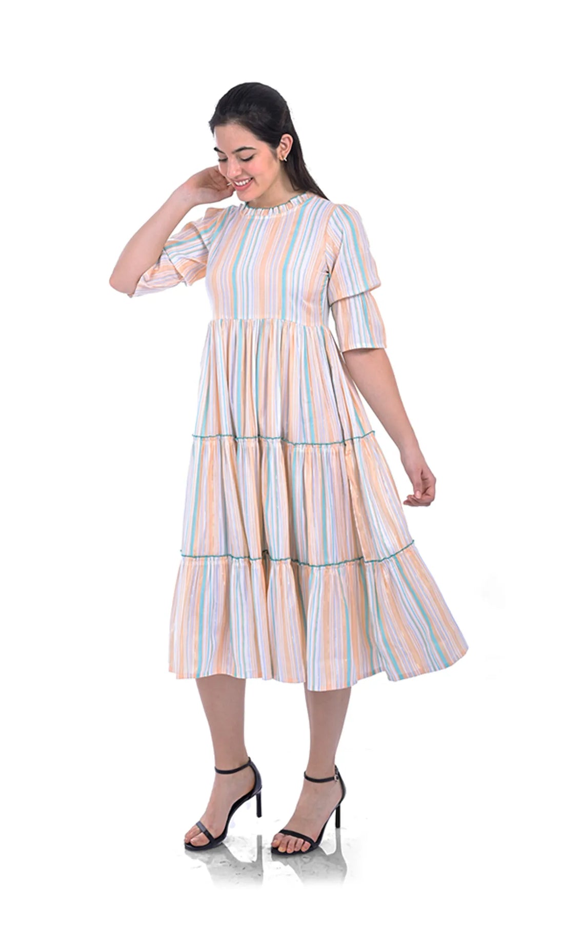 White Stripes Viscose Fit & Flared Dress For Women & Girls