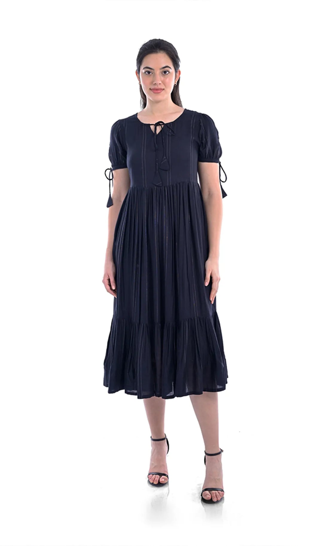 Black Fit & Flared Dress For Women — Viscose & Stripes Pattern