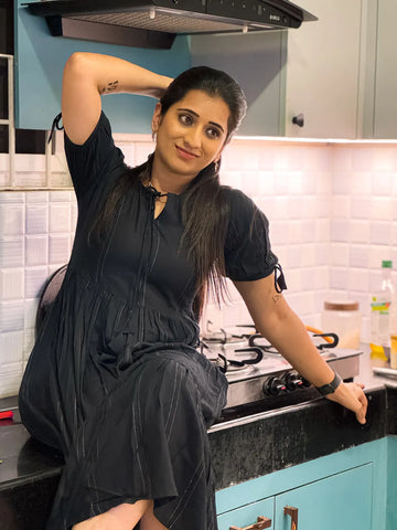 Black Fit & Flared Dress For Women — Viscose & Stripes Pattern