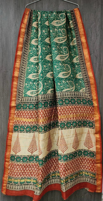 Green & Beige Hand-block Printed Maheshwari Silk Saree