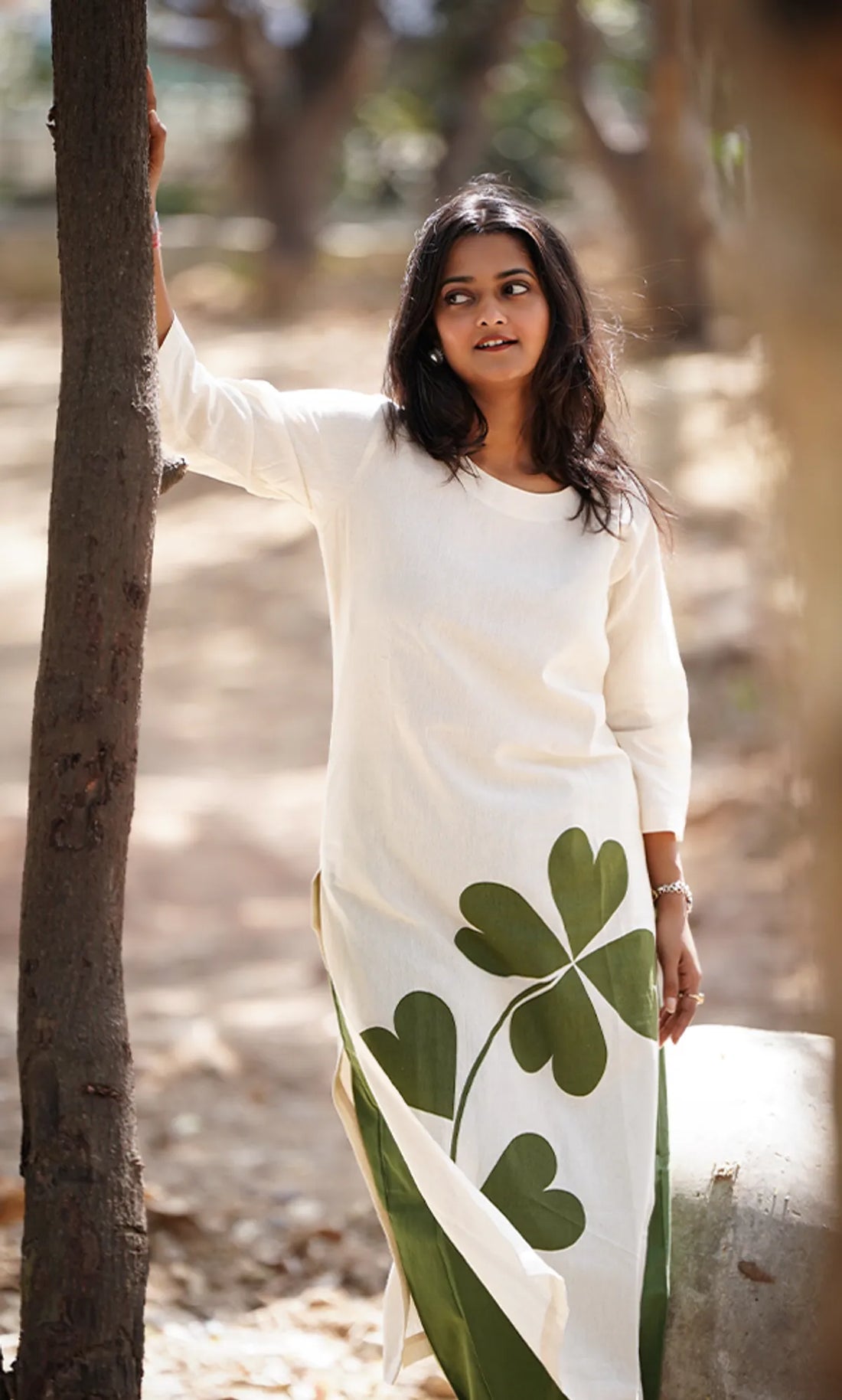 White Printed Kurta With Green Palazzo For Women — Cotton Floral Print Set