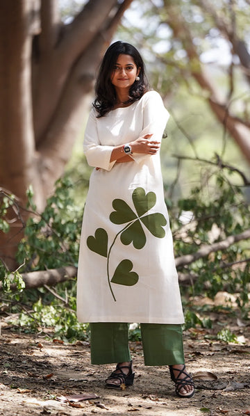 White Printed Kurta With Green Palazzo For Women — Cotton Floral Print Set