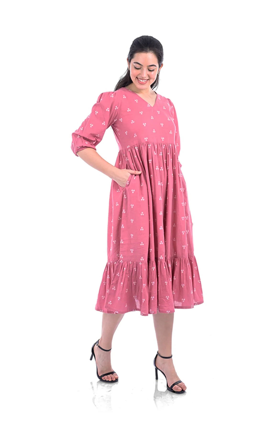 Pink Flared Dress For Women — Geometric Pattern Handloom Cotton