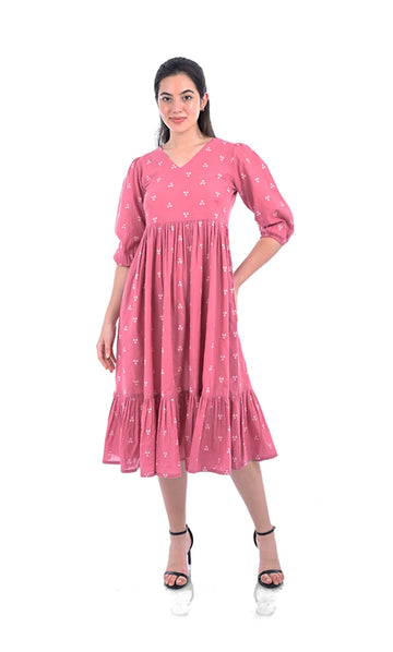 Pink Flared Dress For Women — Geometric Pattern Handloom Cotton