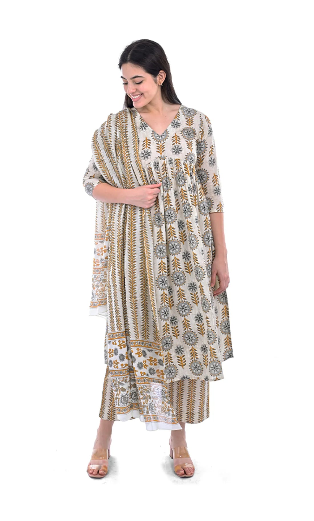 Beige Floral Printed Pure Cotton Straight Kurta Pant & Dupatta Set For Women & Girls
