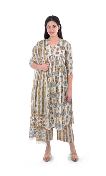 Beige Floral Printed Pure Cotton Straight Kurta Pant & Dupatta Set For Women & Girls