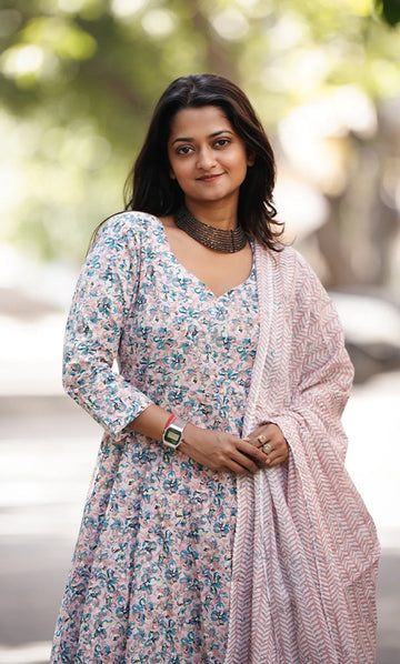 Pink Anarkali Kurta With Pant & Dupatta Set For Women — Breathable Cotton Ethnic Wear