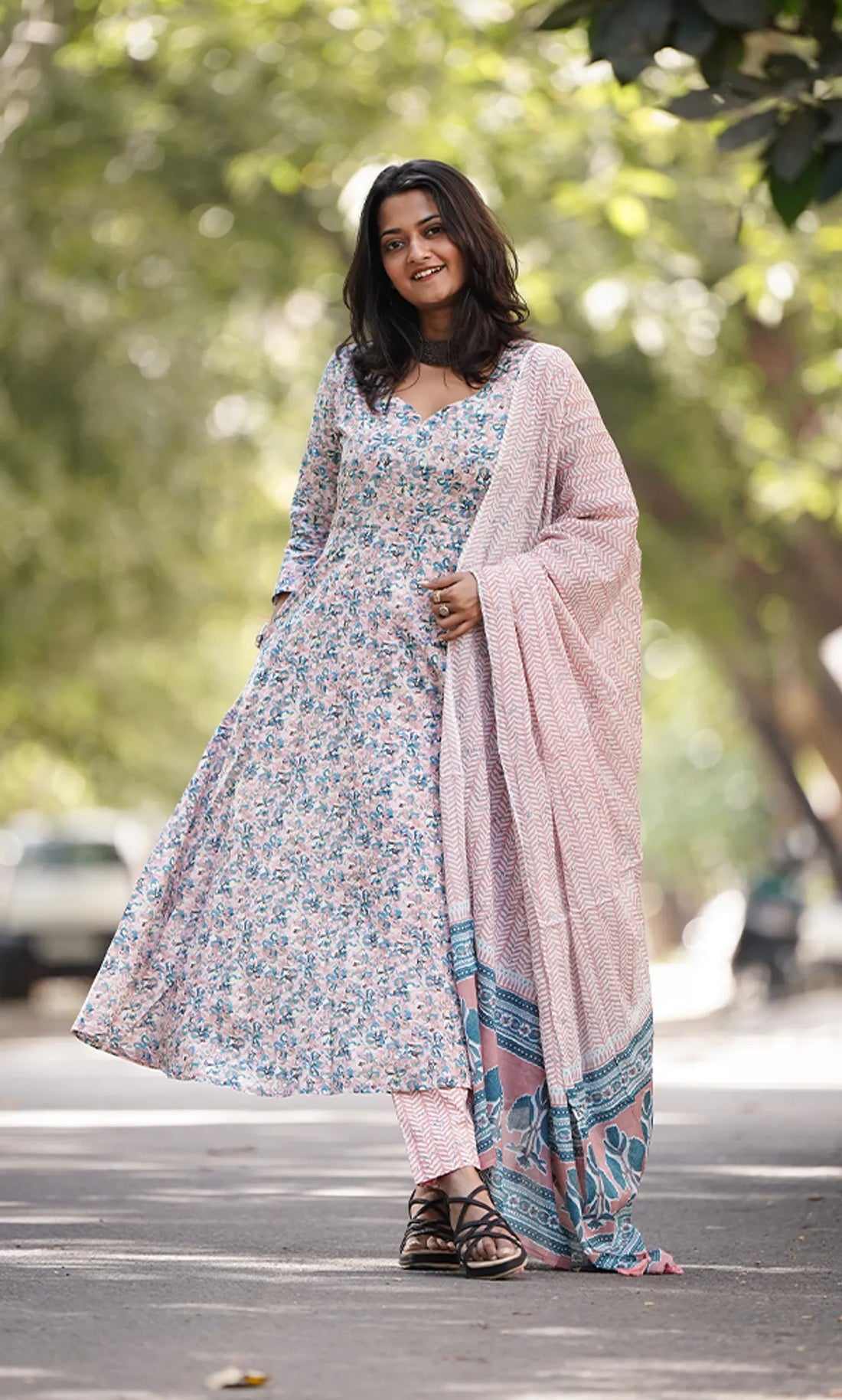 Pink Anarkali Kurta With Pant & Dupatta Set For Women — Breathable Cotton Ethnic Wear