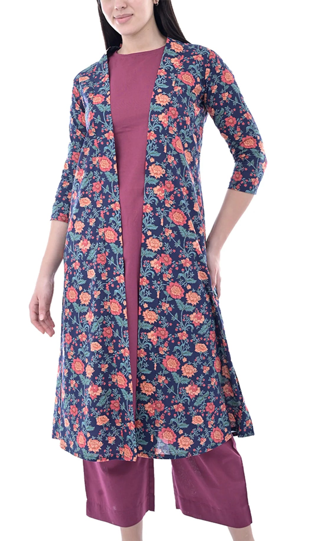 Wine & Navy Blue Floral Printed Pure Cotton Jacket For Women & Girls
