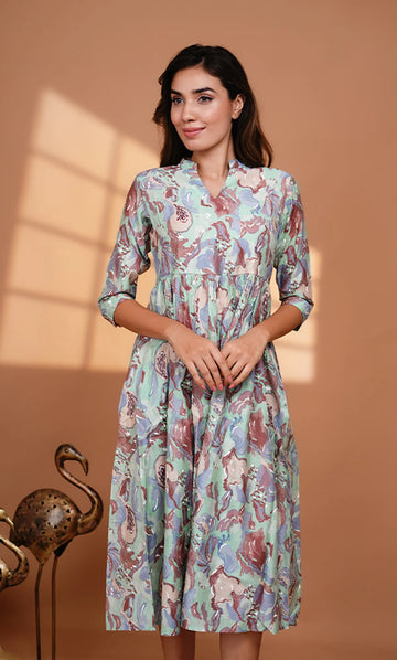 Sea Green Chanderi Modal Silk Dress For Women & Girls