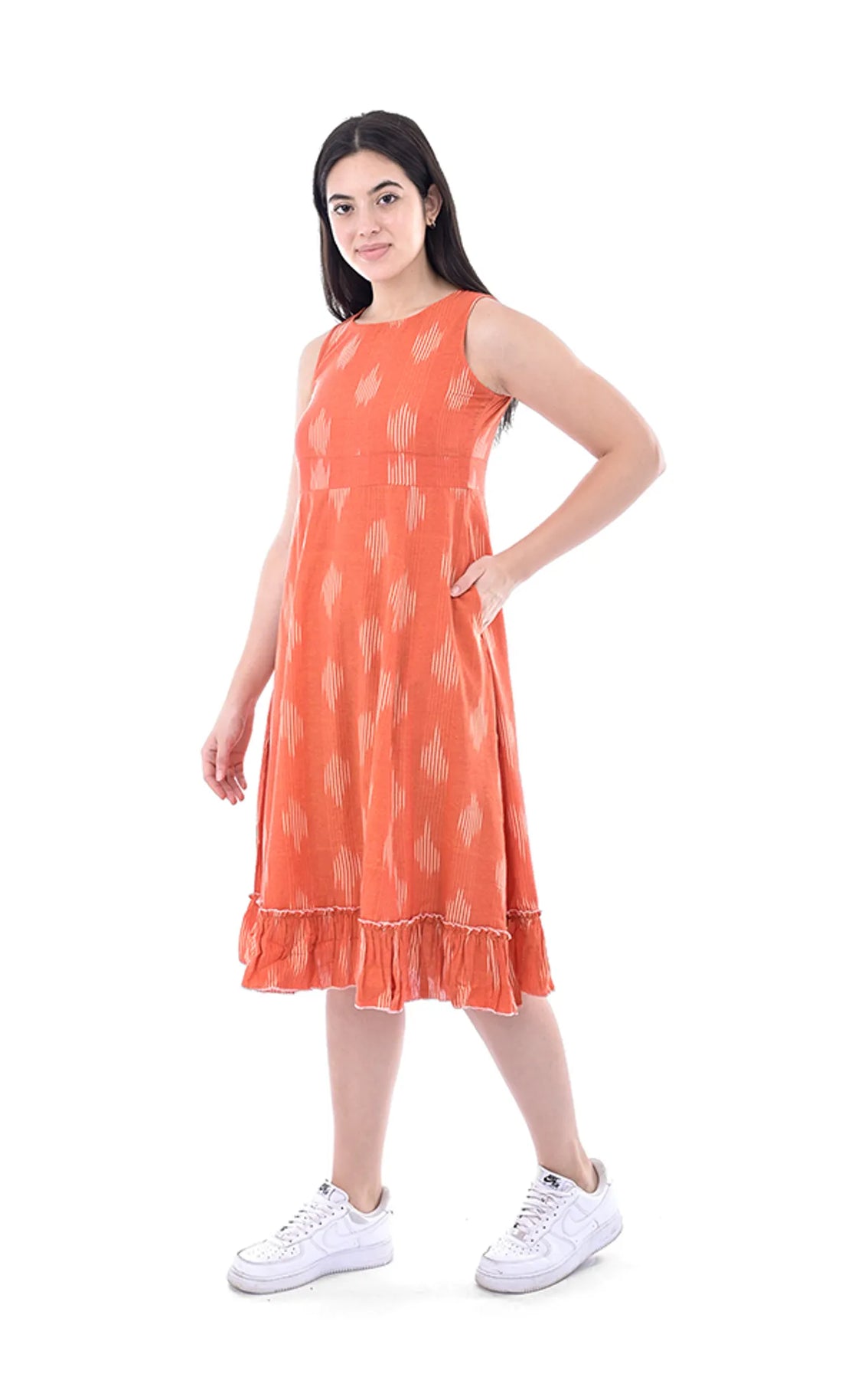 Orange Ikat Handloom Cotton A-Line Midi Dress For Women & Girls