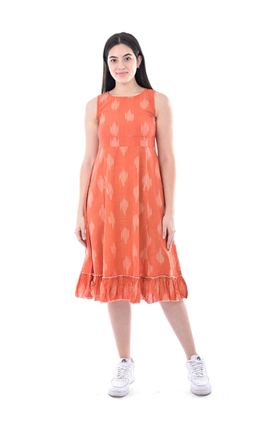 Orange Ikat Handloom Cotton A-Line Midi Dress For Women & Girls
