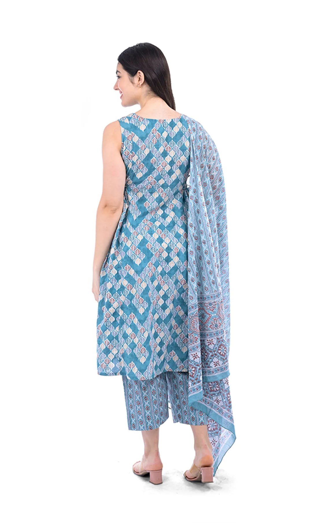 Blue Straight Kurta Pant & Dupatta Set For Women — Floral Printed Pure Cotton