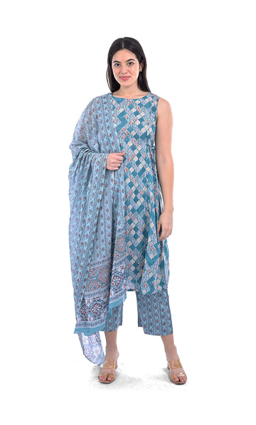 Blue Straight Kurta Pant & Dupatta Set For Women — Floral Printed Pure Cotton