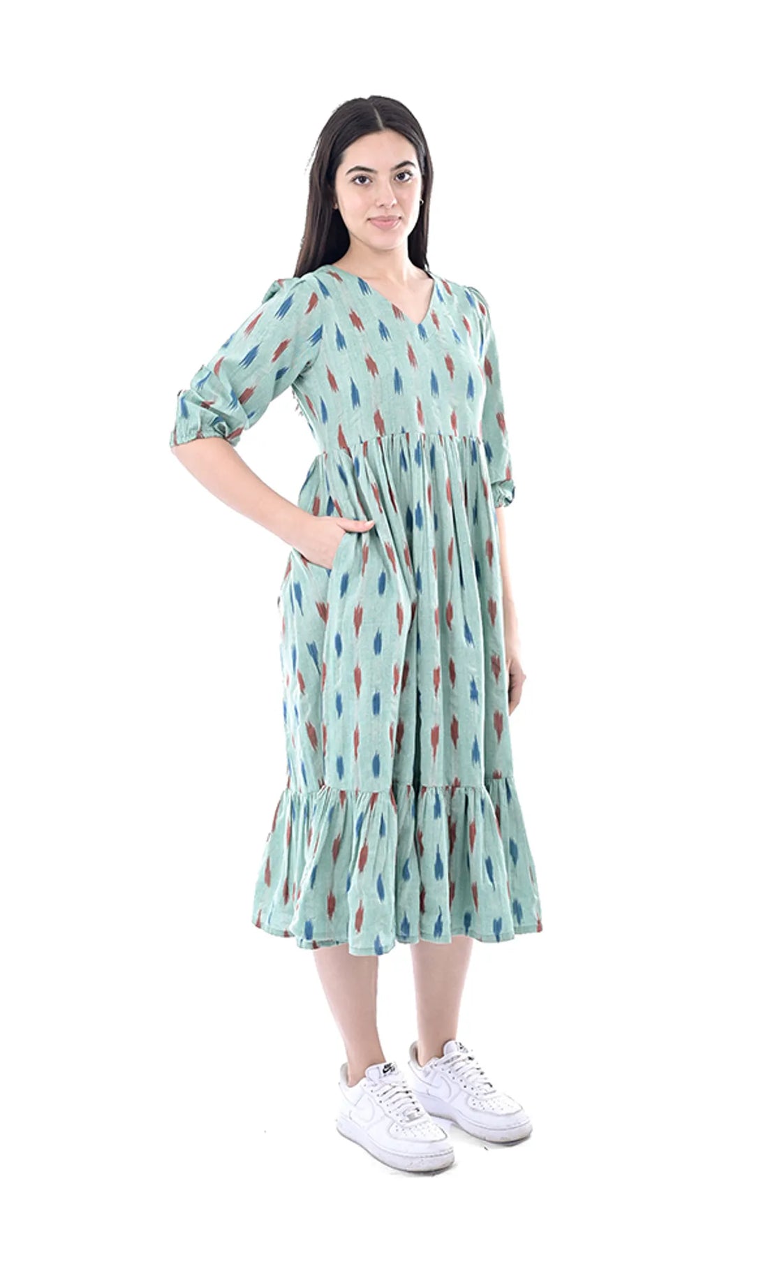 Pastel Green Floral Cotton Fit & Flared Maxi Dress For Women & Girls